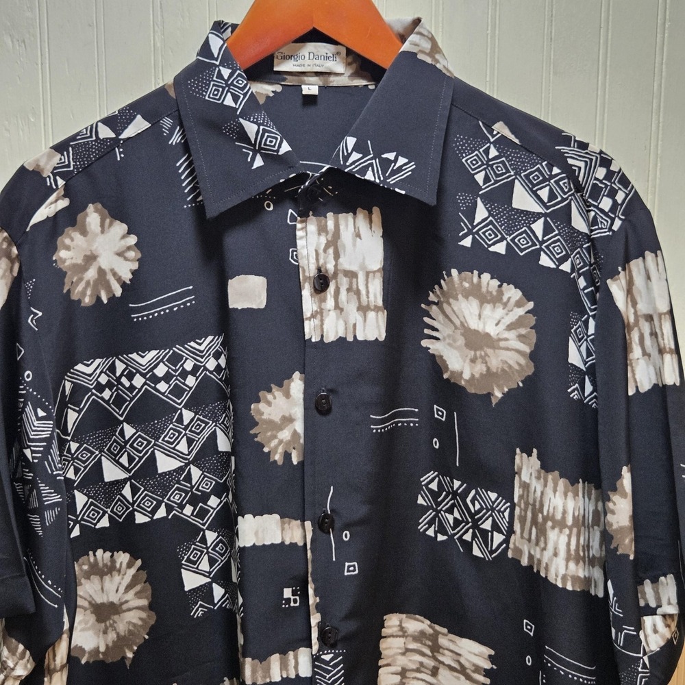 Giorgio Danieli Shirt Mens Large Black Geometric Short Sleeve‎ Button Up Casual